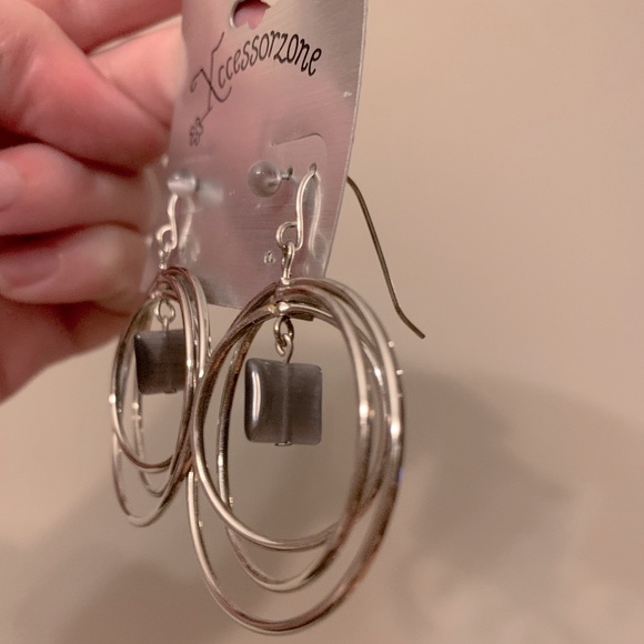 Two-Pair Earring Set - 1 Studs, 1 Dangling Triple Hoops w/Accent Stone - Picture 6 of 10